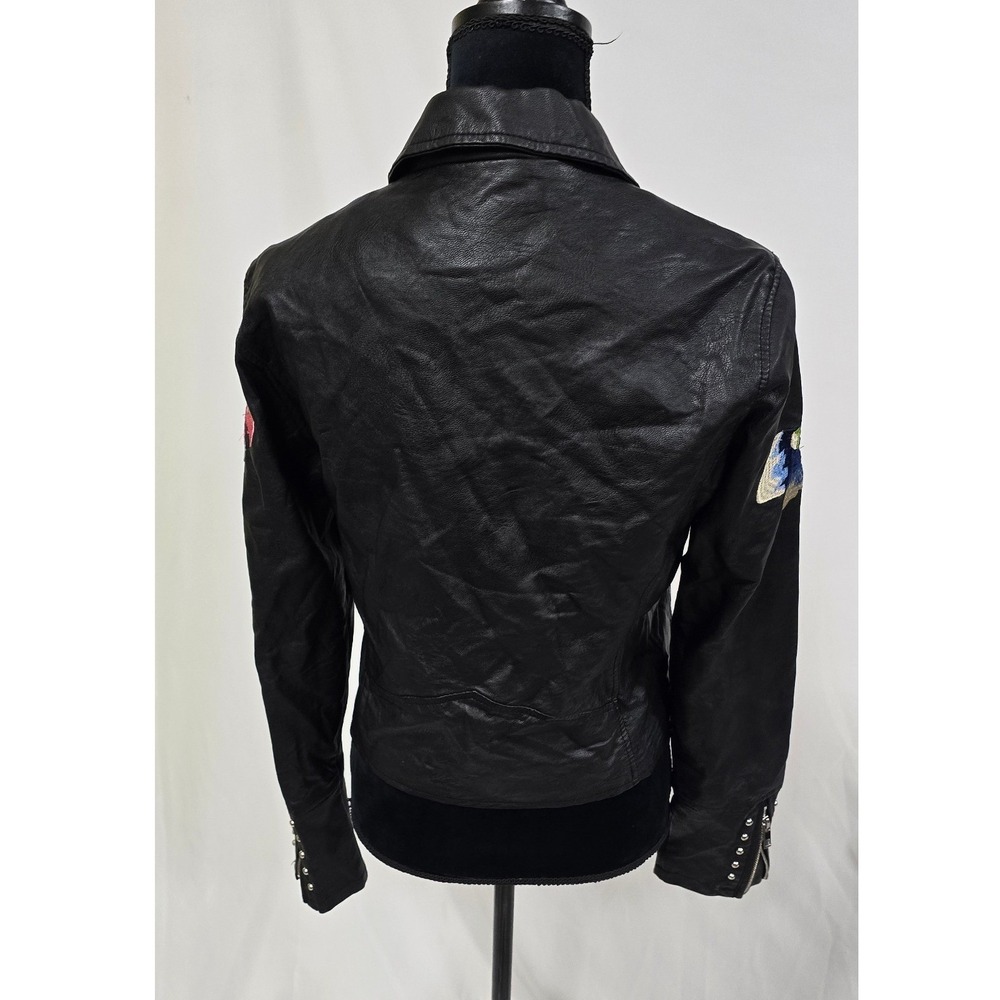 Ci Sono women L black faux leather moto jacket floral embroidery grunge gothic - Picture 11 of 15